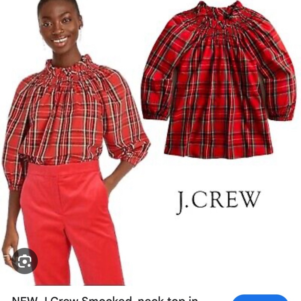 JCrew Smocked-neck top in Good Tidings Holiday plaid Blouse Small. NWT